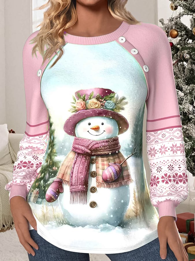 Women's Christmas Printed Raglan Crew Neck Top