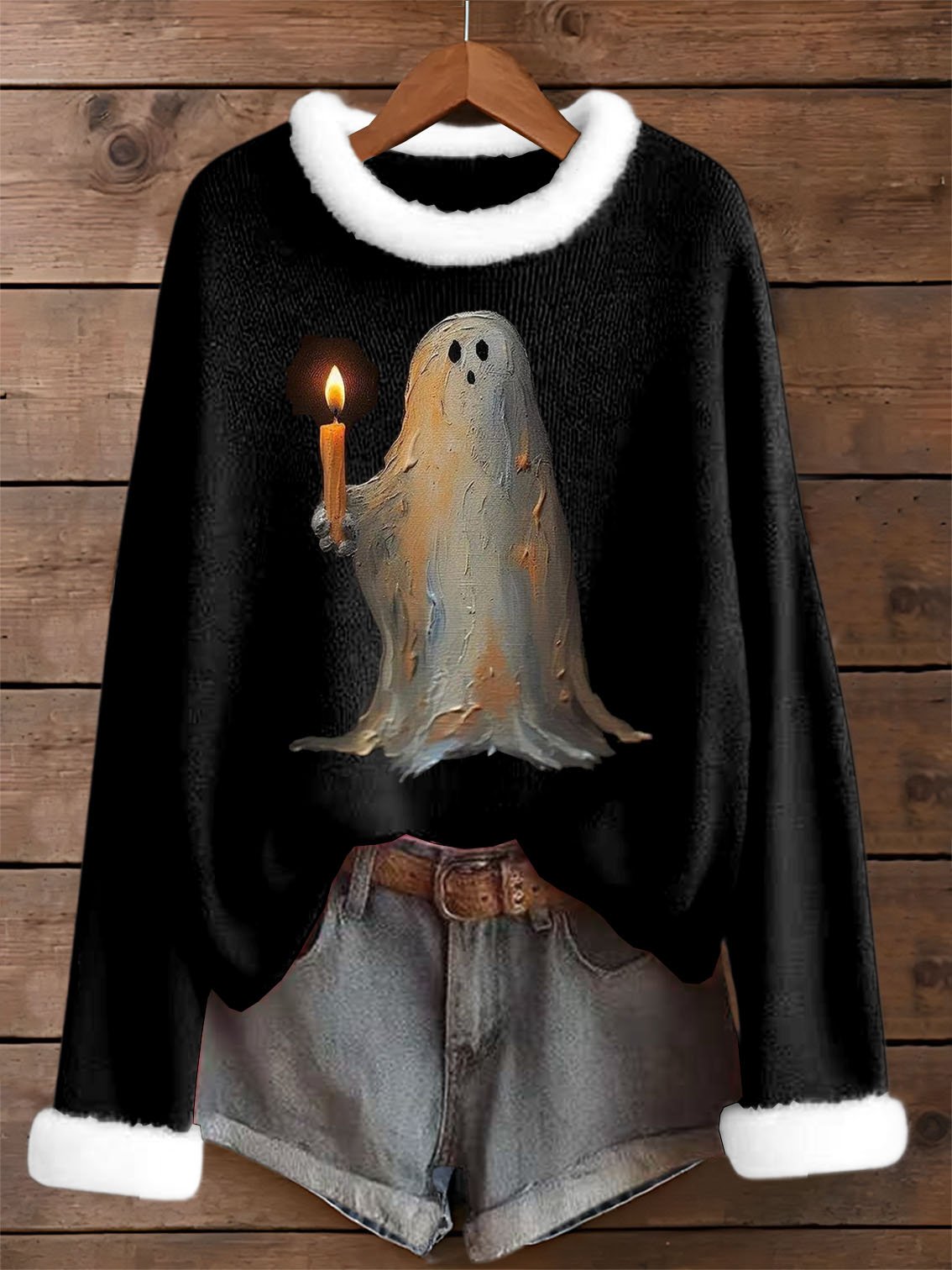 Women's Vintage Halloween Ghost Fur Collar Print Sweater