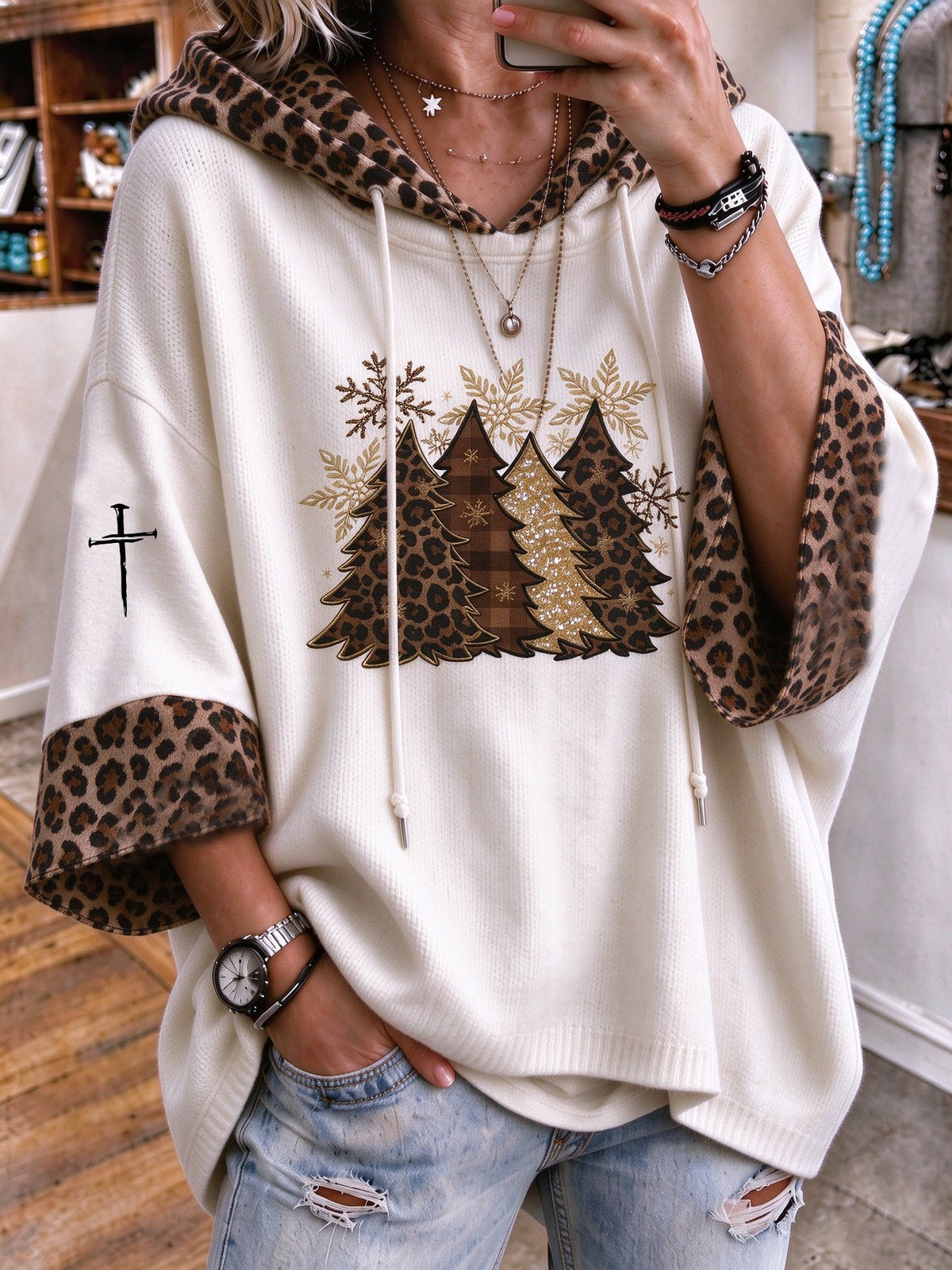 Women's Christmas tree Print Knitted Hoodie