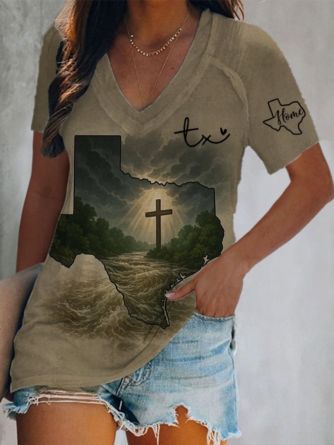 Women's Texas Flood Pray for Texas Cross Print V-Neck T-Shirt