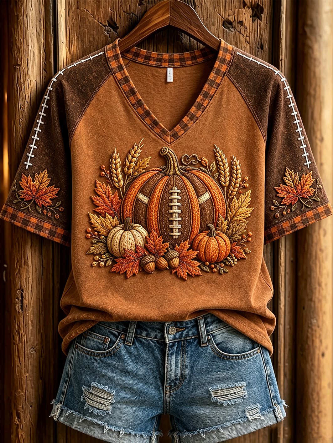 Women's Football Inspired Fall Pumpkin Print T-shirt