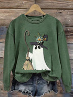 Women's Ghost Witch With Broomstick Printed Casual Round Neck Sweatshirt