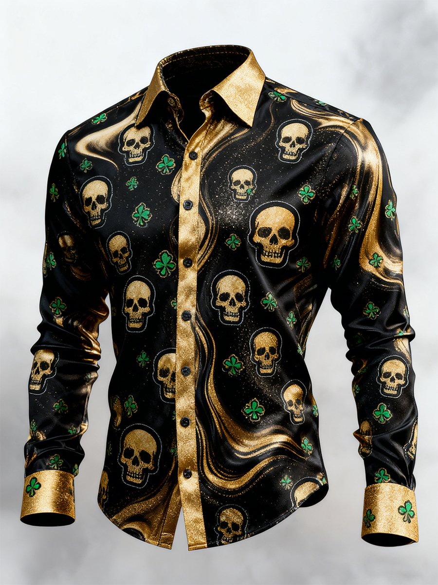 Men's Retro St. Patrick's Day Skull Long-Sleeved Shirt