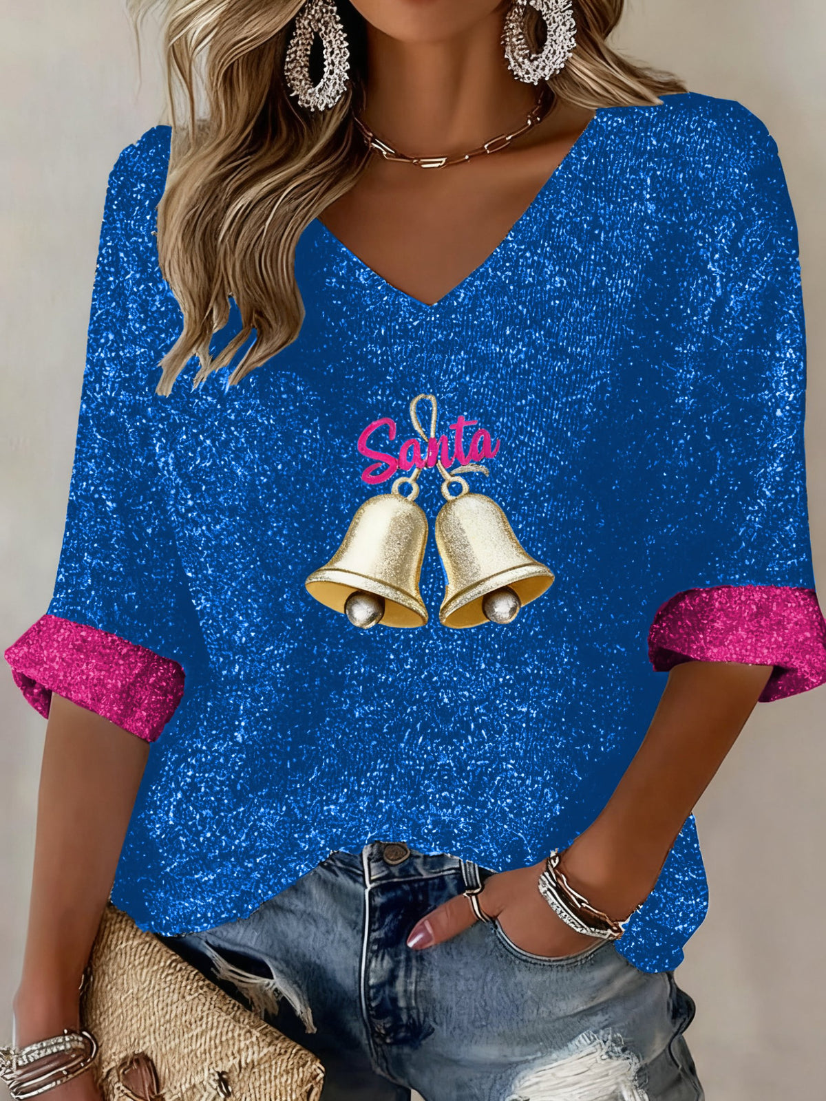 Women's Christmas Santa Bell Print Shirt