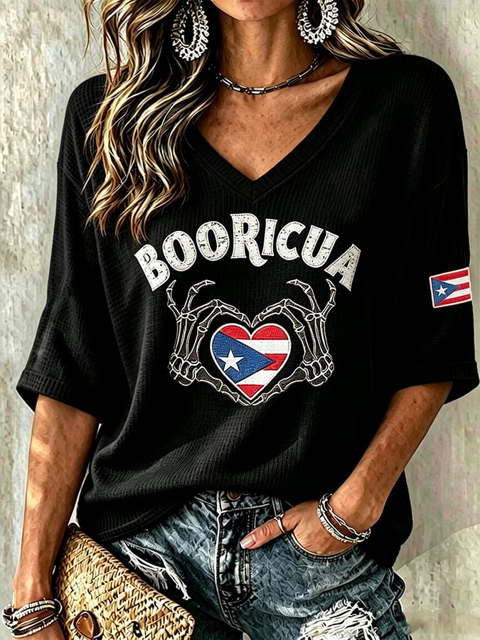 Women's Halloween In Puerto Rico Print Waffle-Knit Top