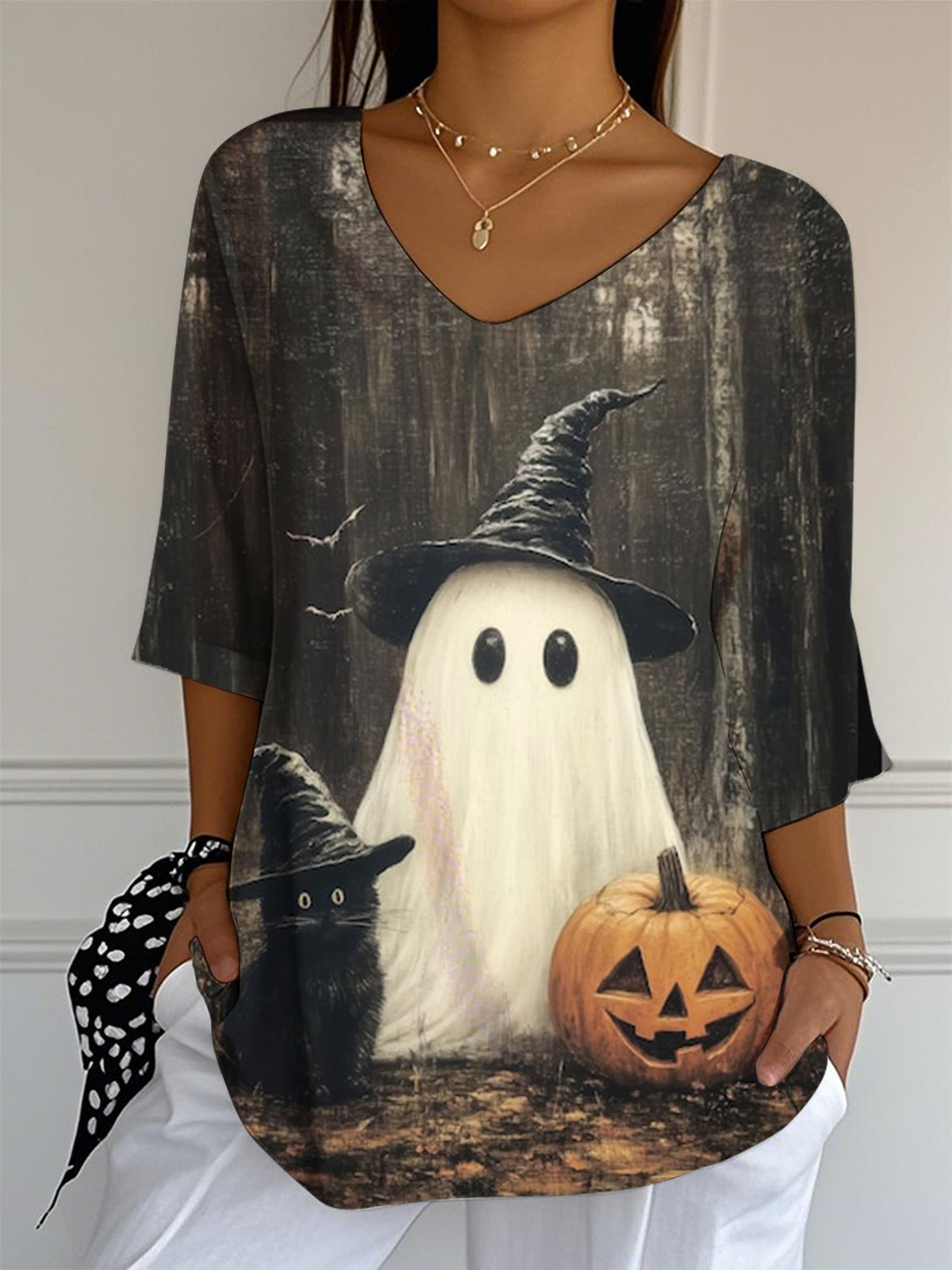 Women's Halloween V-neck Print Top