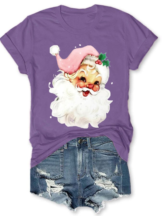 Christmas Retro Pink Santa Print T-Shirt