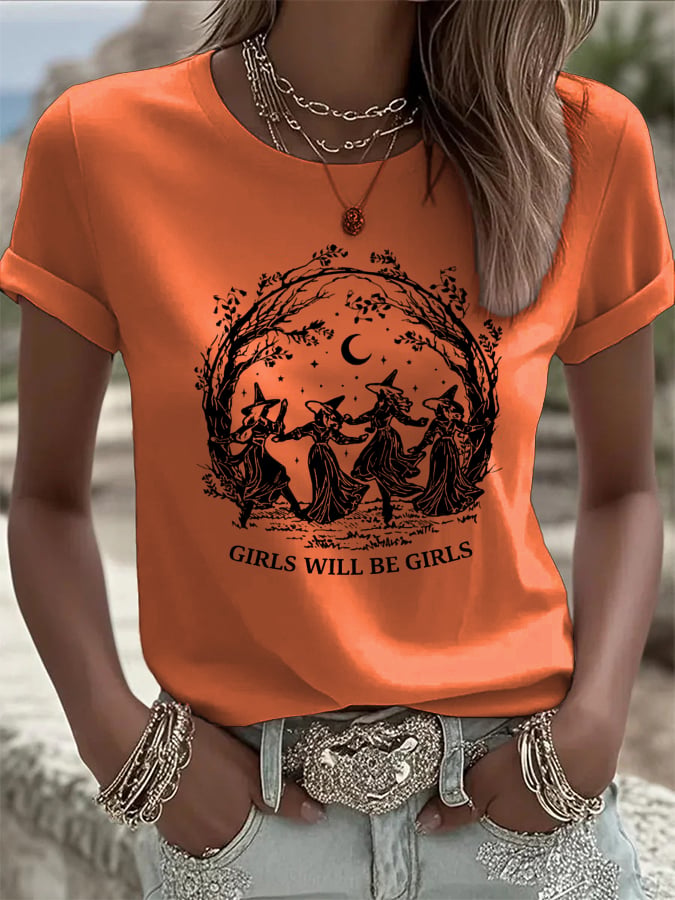Women's Vintage Girls Will Be Girls Witch Print Casual T-shirt