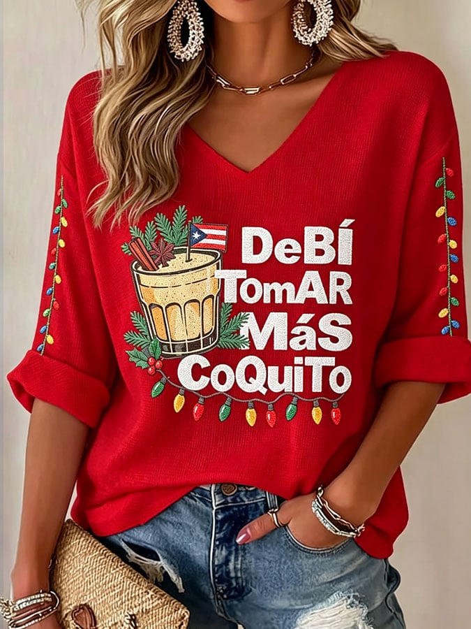 Women's Casual Puerto Rico Christmas Printed Waffle Top