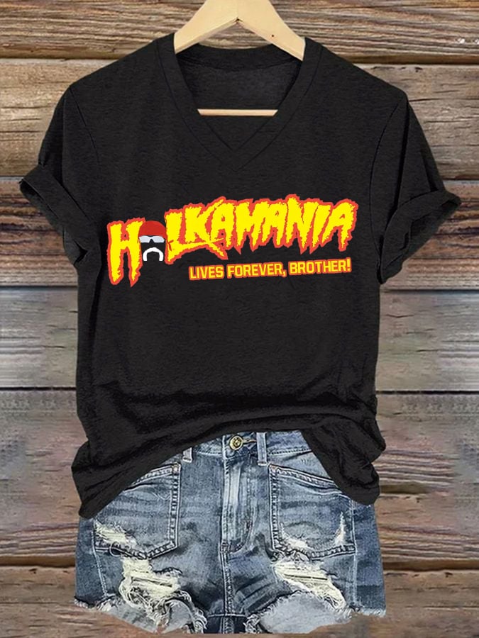 Women's Hot Top Legendary Wrestler Print V-Neck T-Shirt