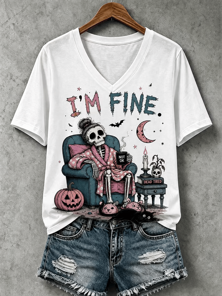 Women's Halloween I'm Fine Print V Neck T-Shirt