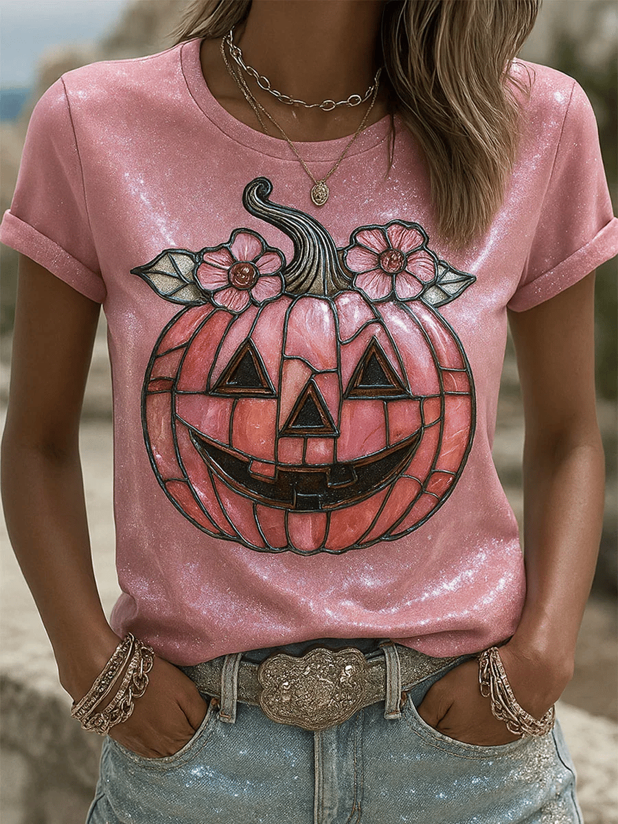 Women's Breast Cancer Pumpkin And Floral Art Print T-Shirt
