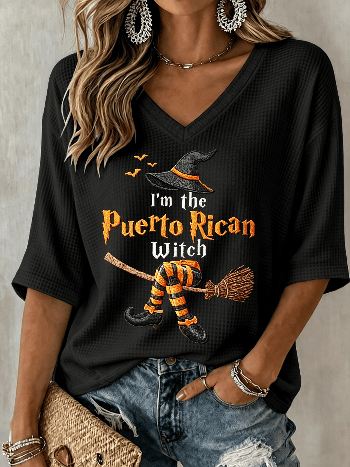 Women's Halloween In Puerto Rico Print Waffle-Knit Top