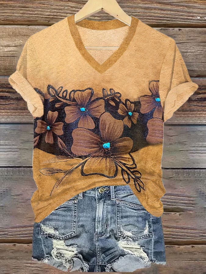 Women's Western Horse Flower Print T-Shirt
