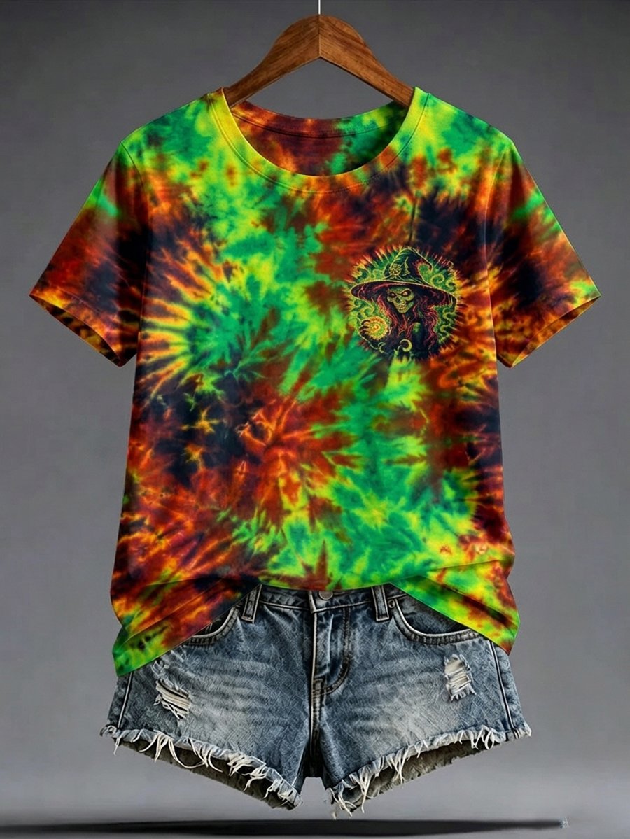 Women's Halloween Tie-Dye Print Short-Sleeve Top
