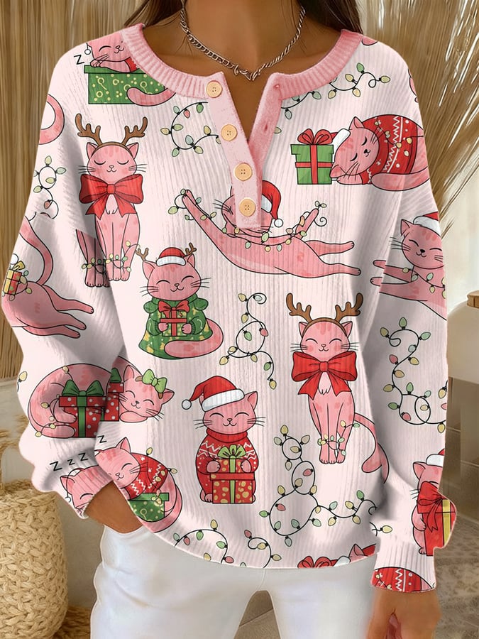 Women's Pink Christmas Breast Cancer Awareness Print Knit Button Top