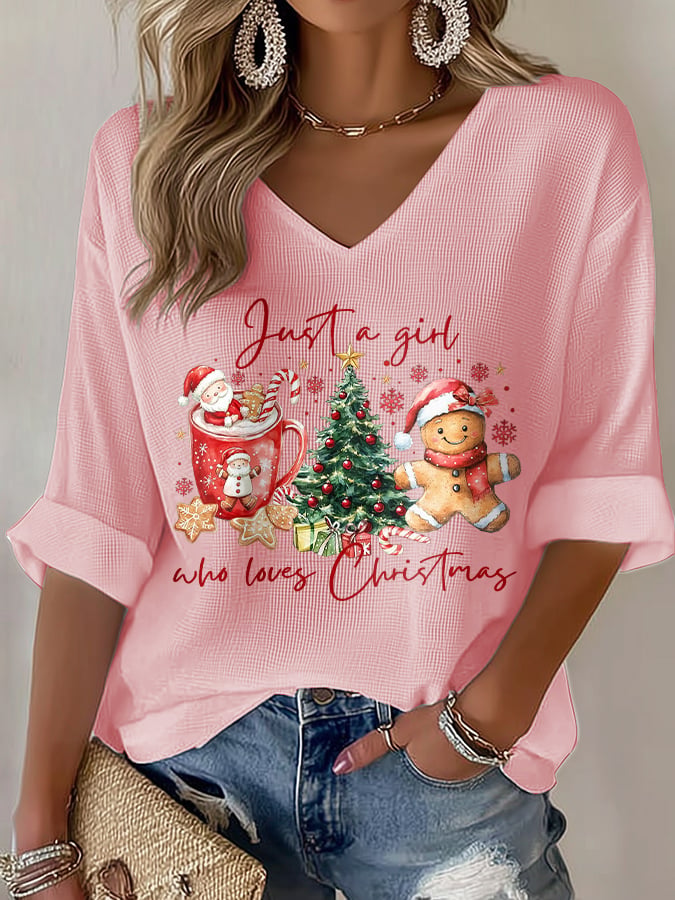 Women's casual just a girl who loves Christmas printed waffle long-sleeved T-shirt