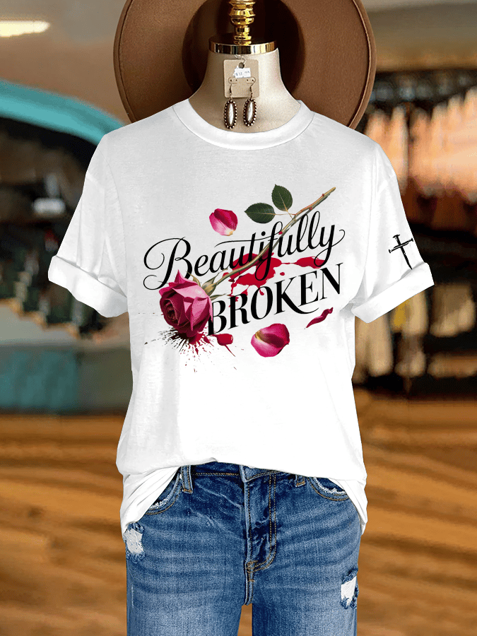 Women's Country Music Beautiful Broken And Faith Print Crew Neck T-Shirt