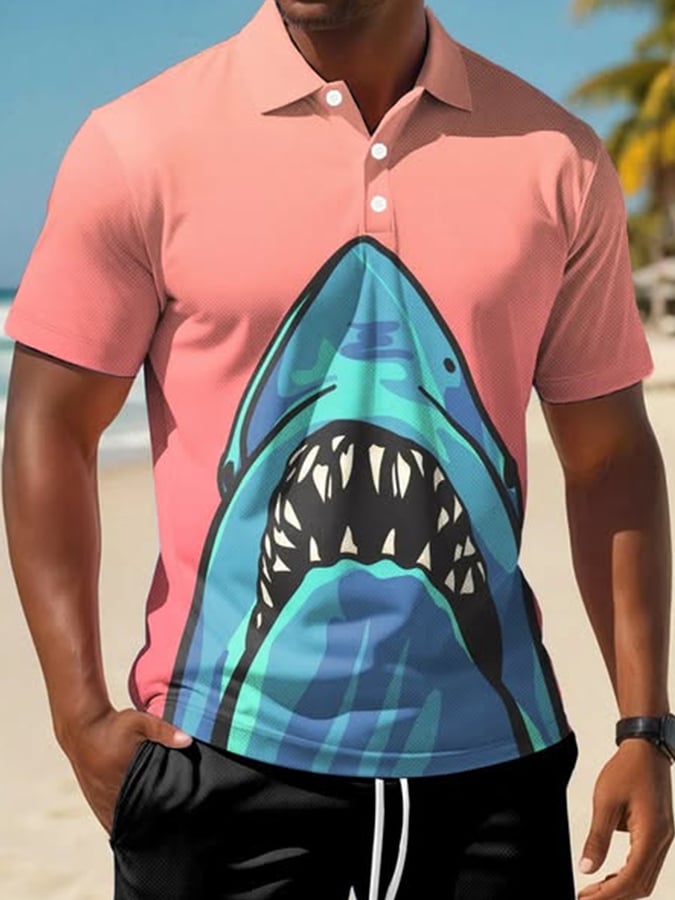 Men's Great White Shark Print Short Sleeve Polo Shirt