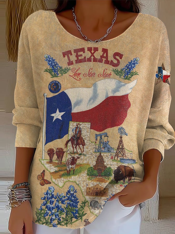 Women's Casual Retro Art Texas Floral Strong Stripe T-shirt