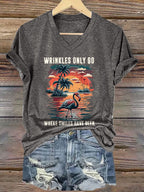 V-Neck Retro Flamingos And Palm Trees Wrinkles Only Go Where Smiles Have Been Print T-Shirt