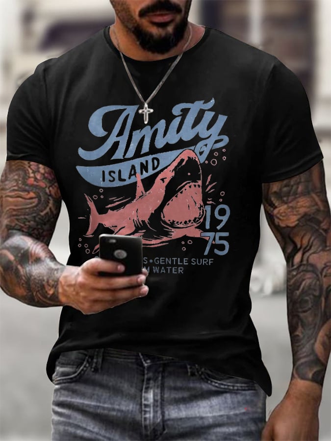 Men's Amity Island 1975 Clear Skies Gentle Surf Warm Water Printed Round Neck T-Shirt
