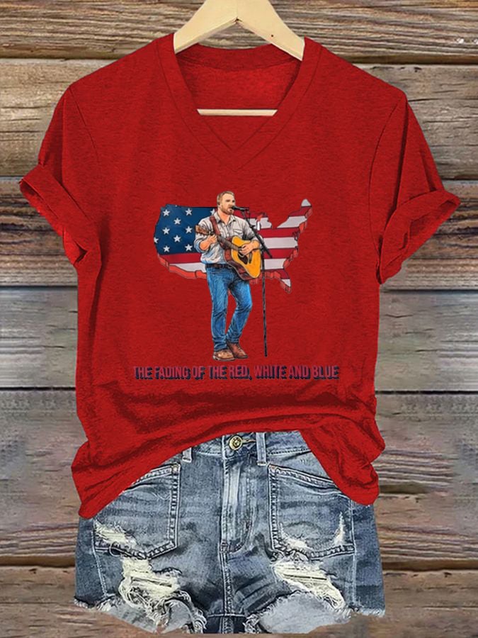 V-Neck The Fading of the Red White and Blue Print T-Shirt