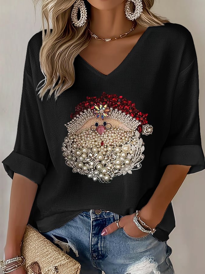 Women's Retro Santa Head Print Shirt