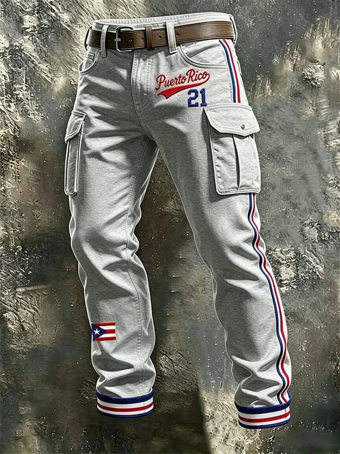 Men's Puerto Rico Baseball Printed Multi-Pocket Cargo Casual Pants