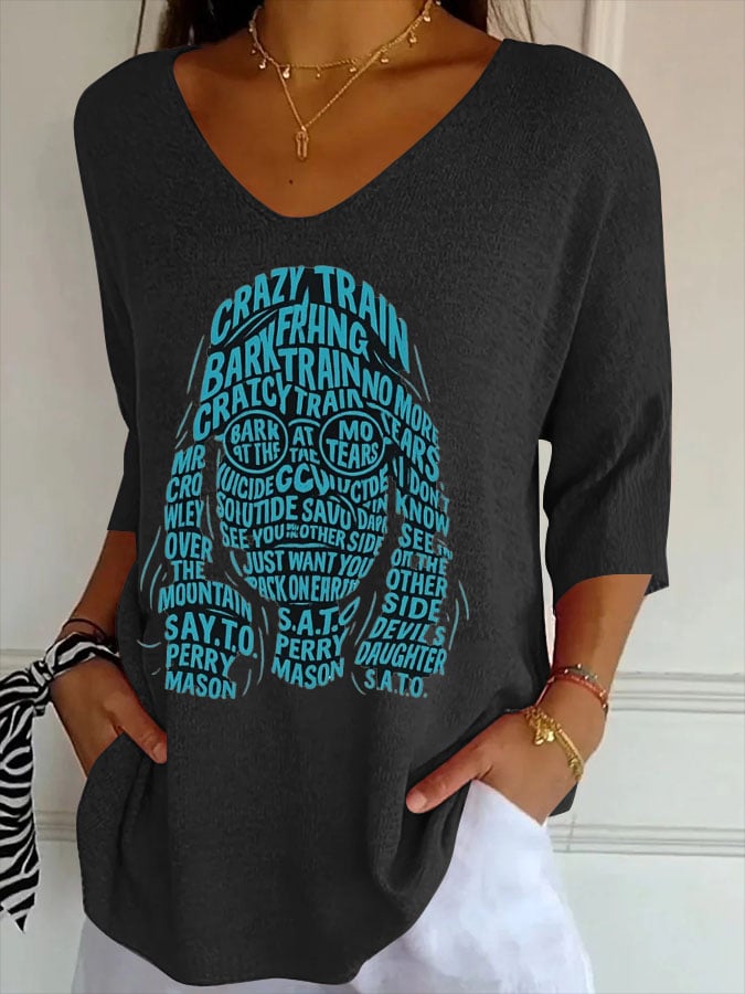 Women's Vintage Electric Rock Legend Print V-Neck T-Shirt