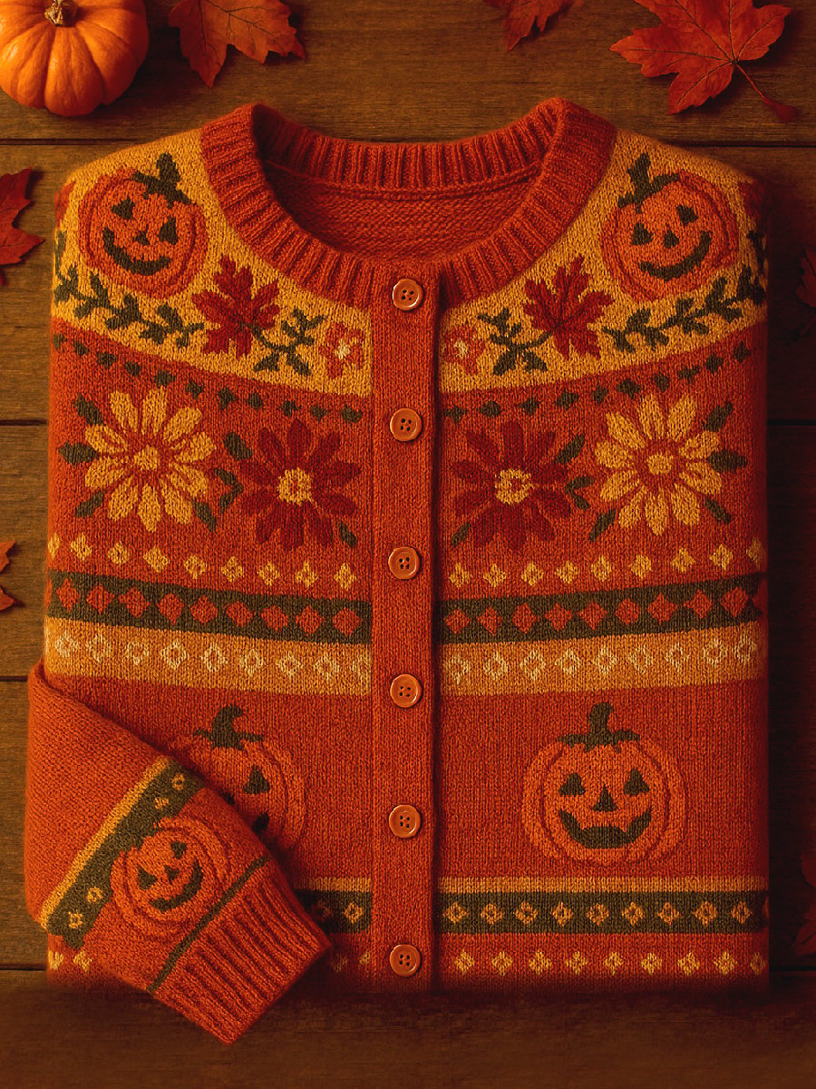 Women's Fall Pumpkin Sweater Print Cardigan