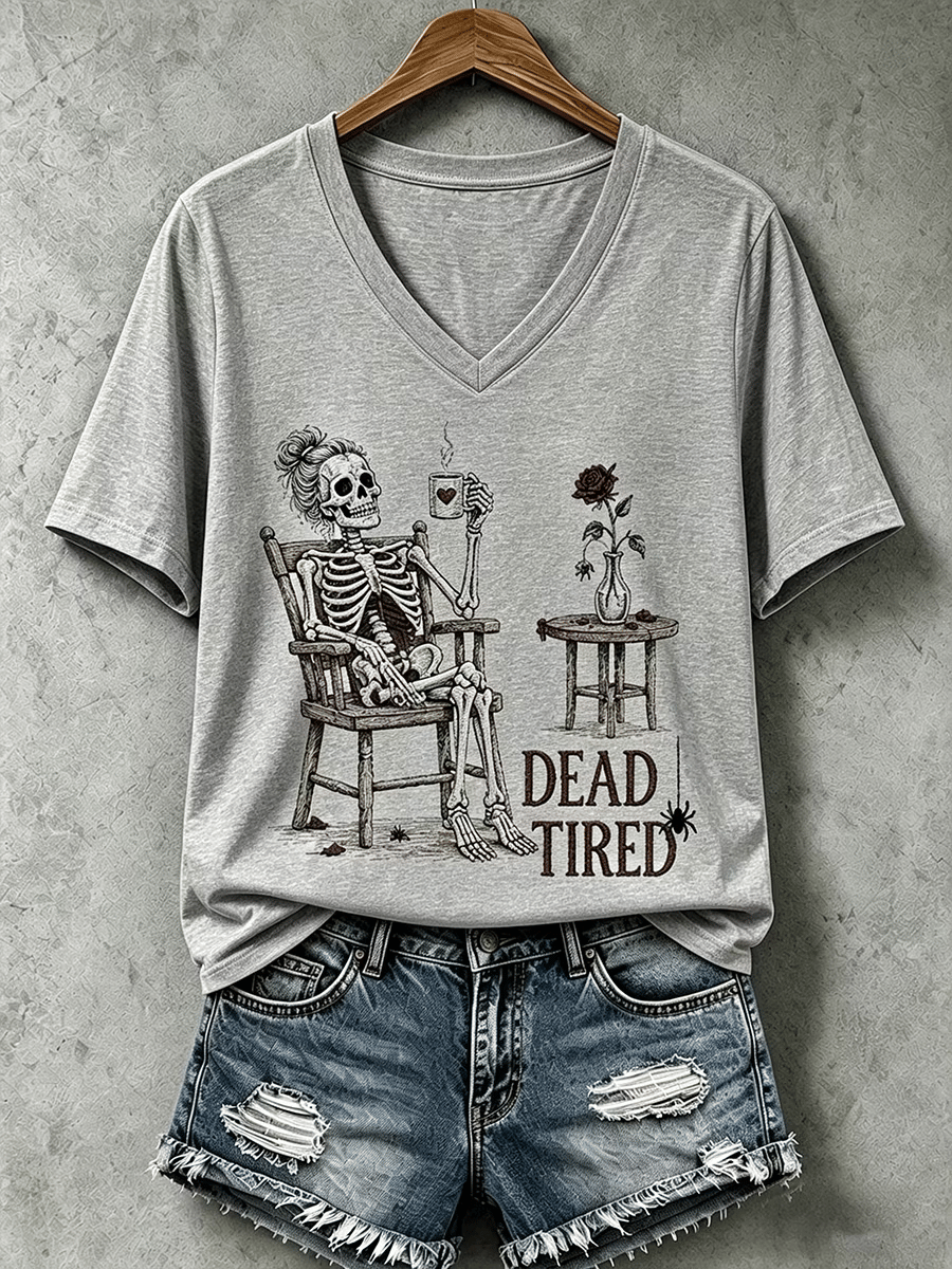 Women's Halloween Dead Tired Print V Neck T-Shirt