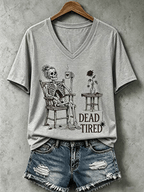 Women's Halloween Dead Tired Print V Neck T-Shirt