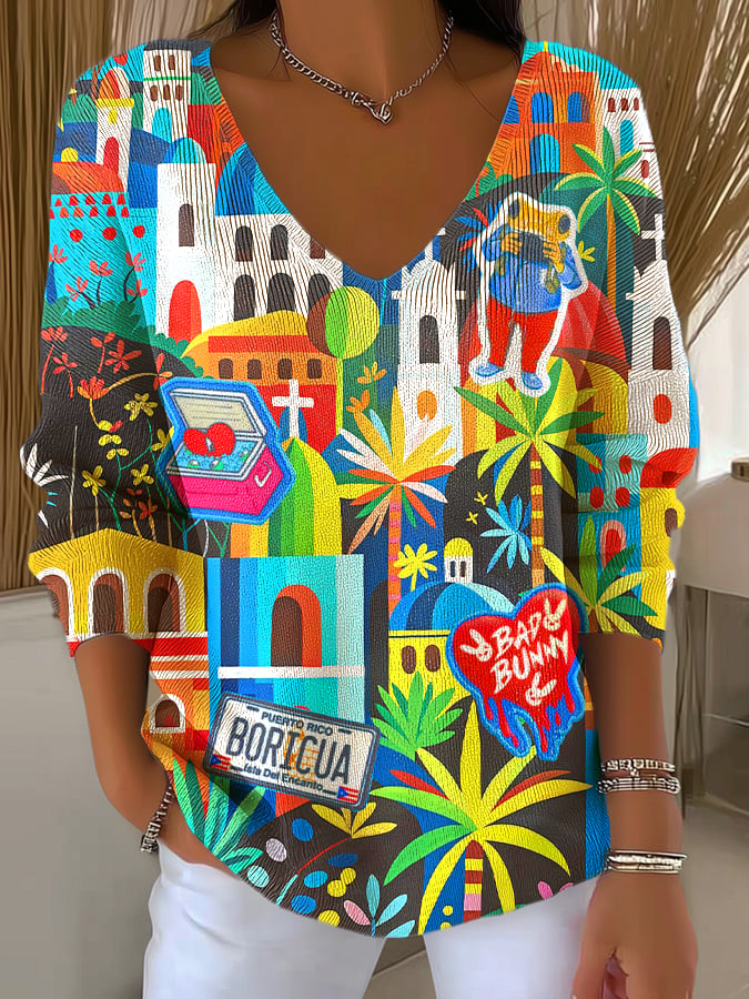 Women's Puerto Rican Flag Rain Frog Label Printed Long Sleeve Top