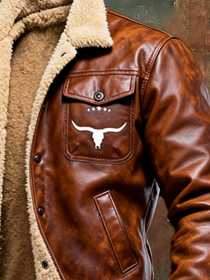 Men's Vintage Leather Patchwork Plush Warm Jacket