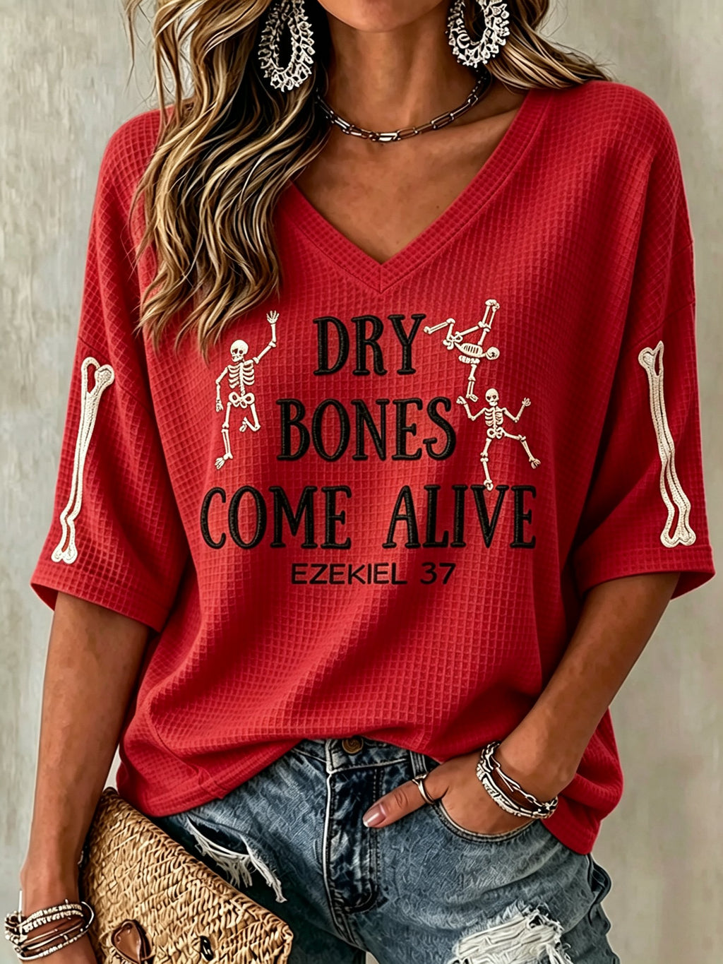 Women's Casual Printed Waffle Top