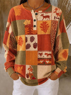 Women's Casual Printed Waffle-Knit Henley Sweatshirt