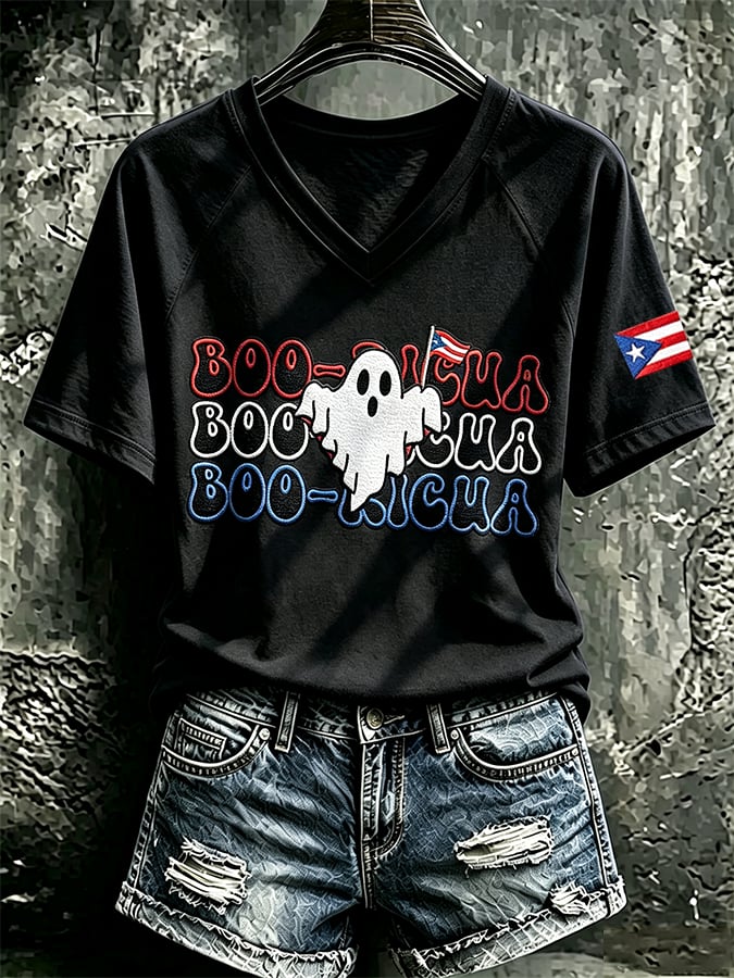 Women's Casual Boricua Halloween Printed Short-Sleeve T-Shirt