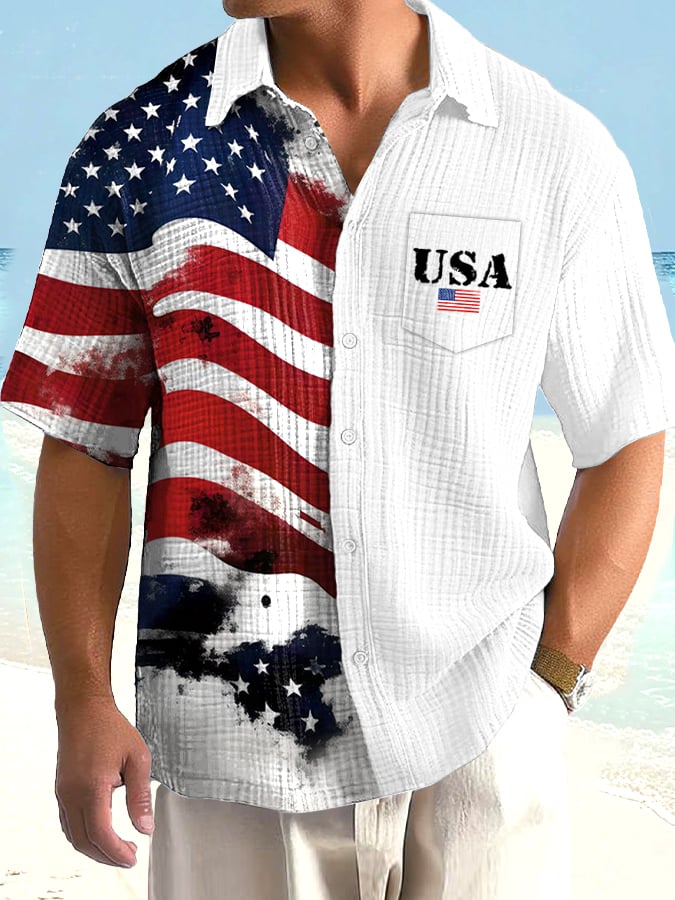 Men's Vintage Independence Day Flag Print Casual Shirt (With Pockets)