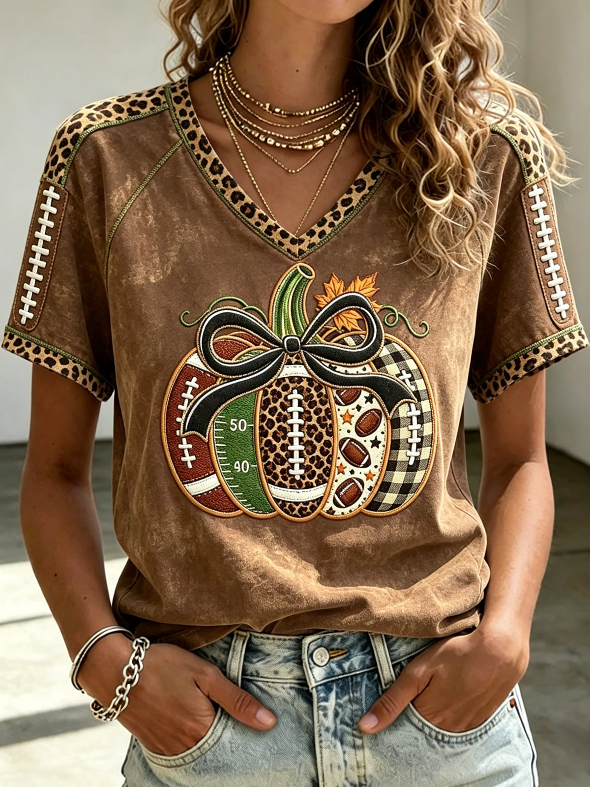 Women's Autumn Pumpkin Football Print T-shirt