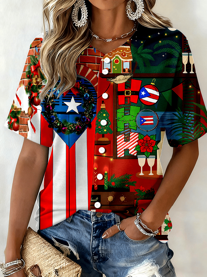 Women's Puerto Rico Hohoho Christmas Baseball Printed Top
