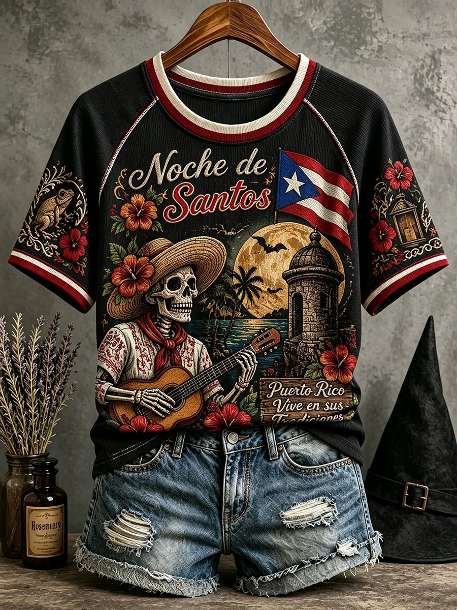 Women'S Puerto Rico-Themed Casual Printed Short-Sleeve T-Shirt For Halloween