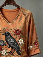 V Neck Retro Halloween Crow Is He Dead Yet Print T-Shirt