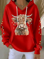 Women's Christmas Highland Cow Print Casual Hooded Sweatshirt