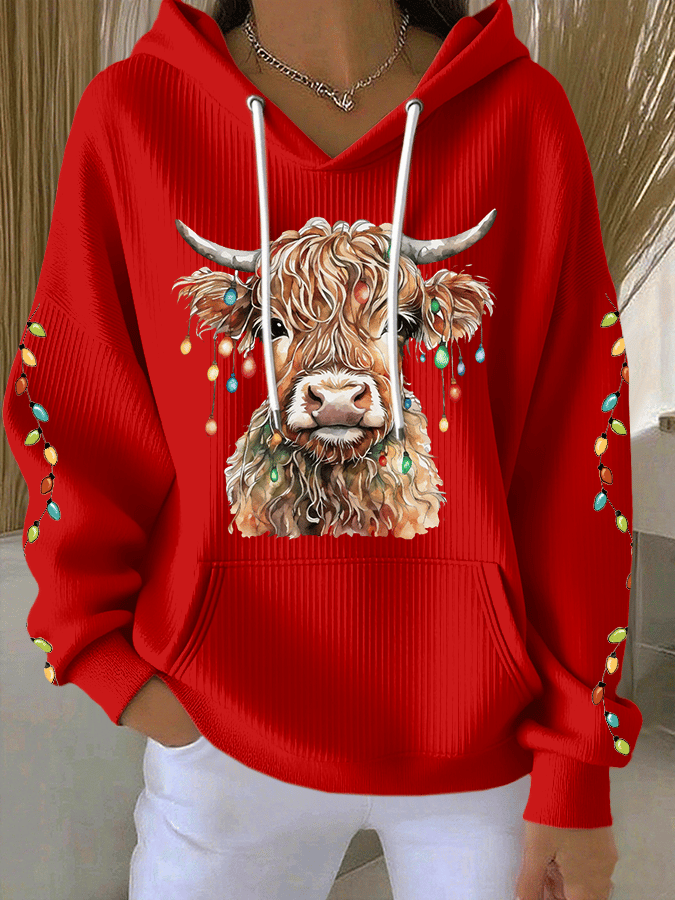 Women's Christmas Highland Cow Print Casual Hooded Sweatshirt
