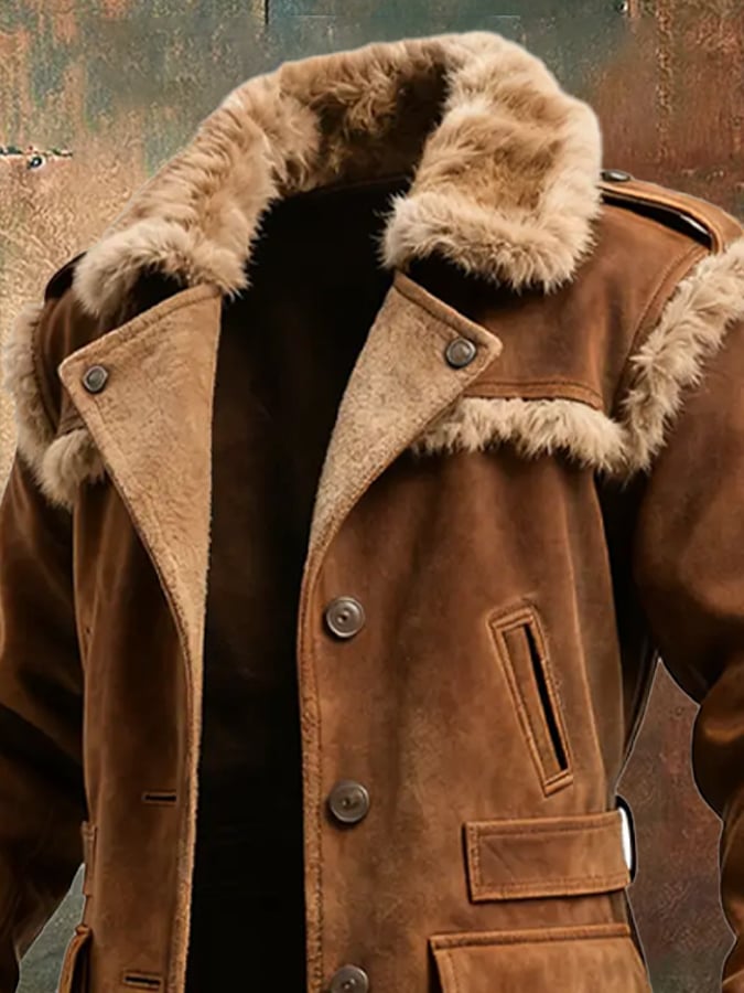 Men's Retro Suede Plush Patchwork Coat