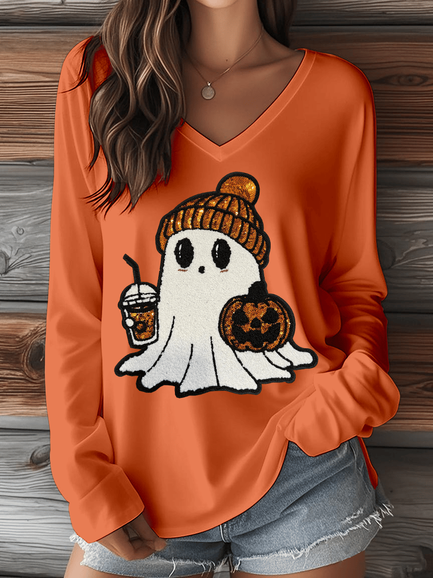 Women's Halloween Ghost Print V-Neck Long Sleeve T-Shirt