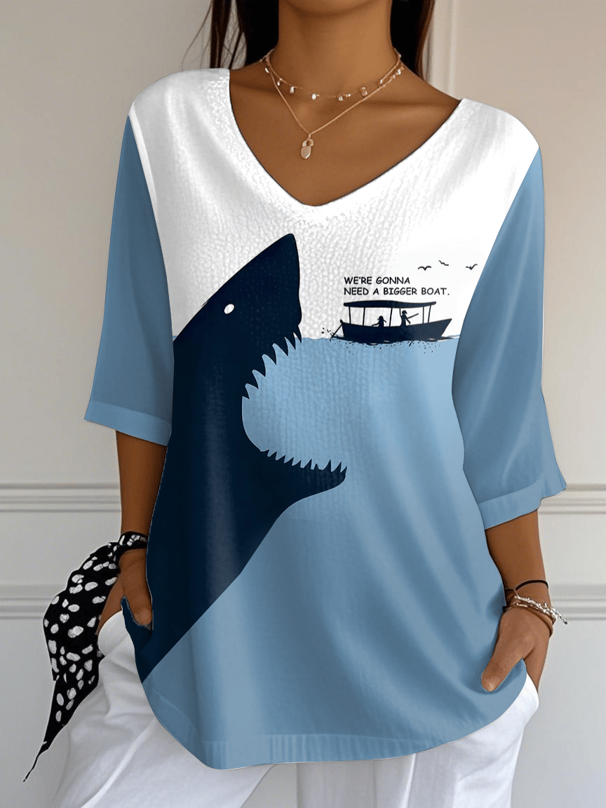 Women's We Need a Bigger Boat Graphic Print Mid Sleeve Straight Shoulder T-Shirt