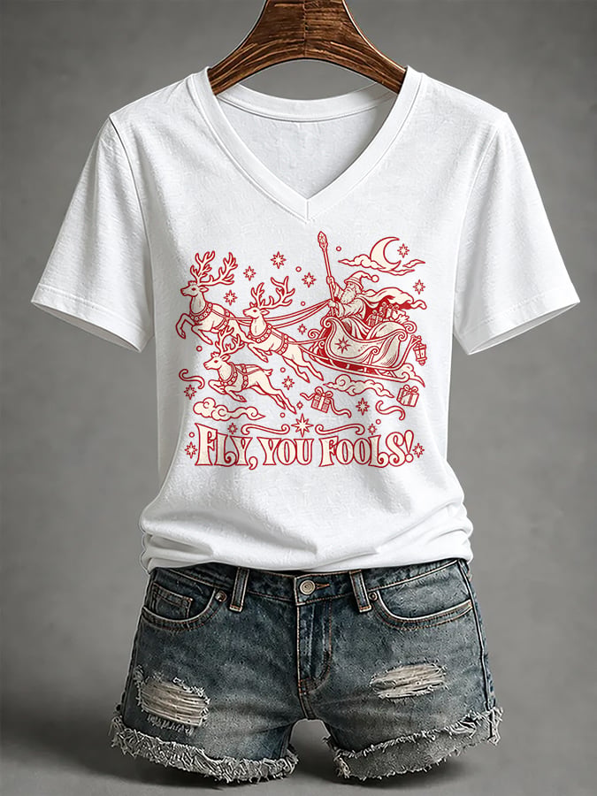🔥🔥2nd 50% Off 🔥🔥V-Neck Retro Funny Christmas Fly You Fools Reindeer Holiday Season Print T-Shirt