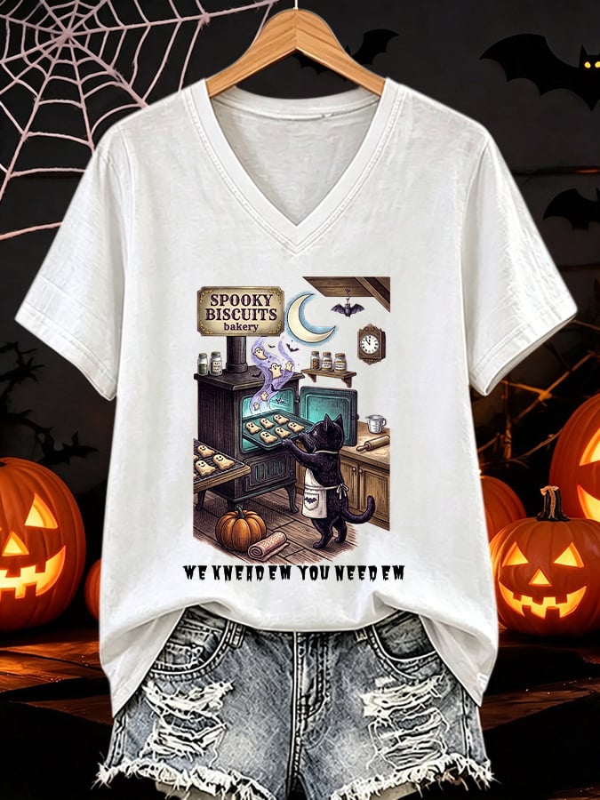 V-Neck Retro Halloween Cat Baking Pumpkin Ghost Spooky Biscuits Bakery  We Knead Em You Need Em Print T-Shirt